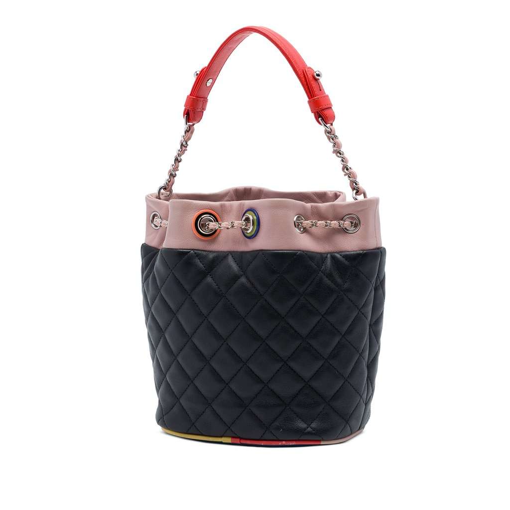 Chanel CC Multicolor Quilted Lambskin Cuba Drawstring Bucket Bag Black Leather Very good condition - Back View