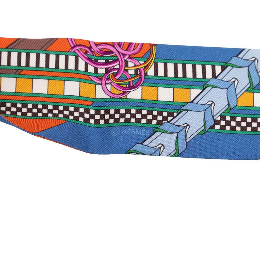 Hermès Brides et Gris Silk Twilly Scarf Blue Never worn - Model View