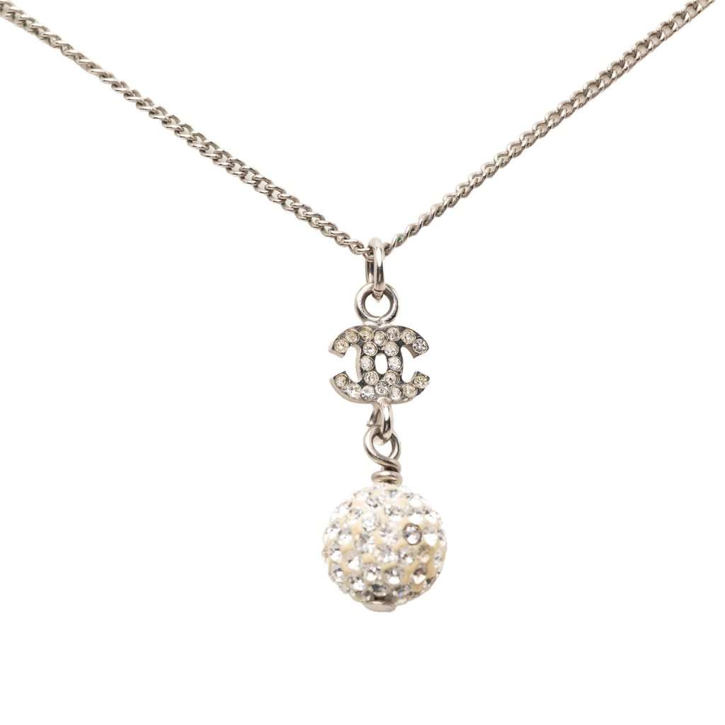 Chanel CC Brass Strass Ball Pendant Necklace Silver Metal Very good condition - Back View