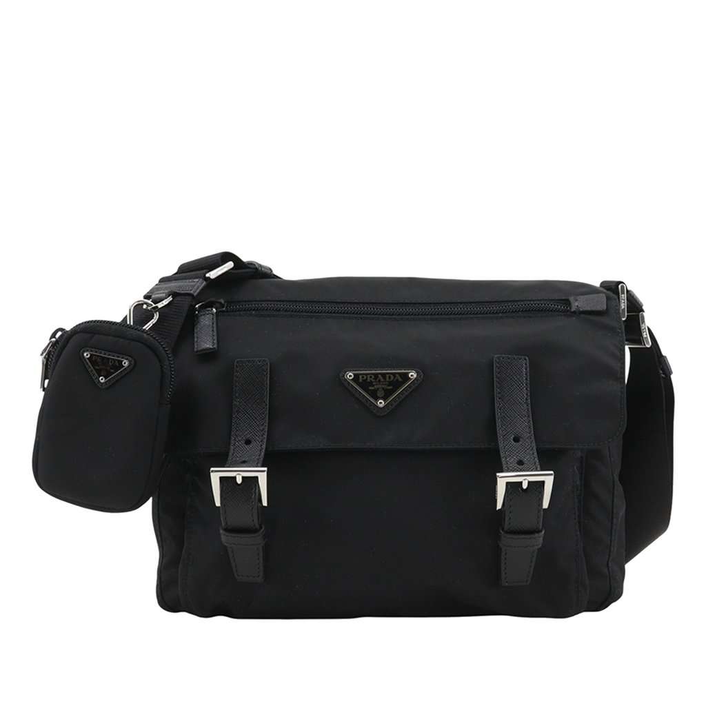 Prada Saffiano Trimmed Re Nylon Zip Double Buckle Messenger Bag Black Very good - Front View