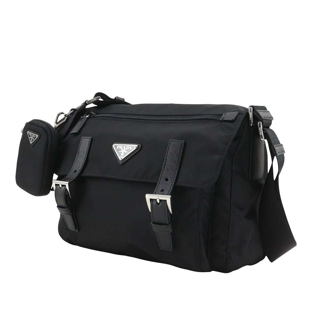 Prada Saffiano Trimmed Re Nylon Zip Double Buckle Messenger Bag Black Very good - Back View