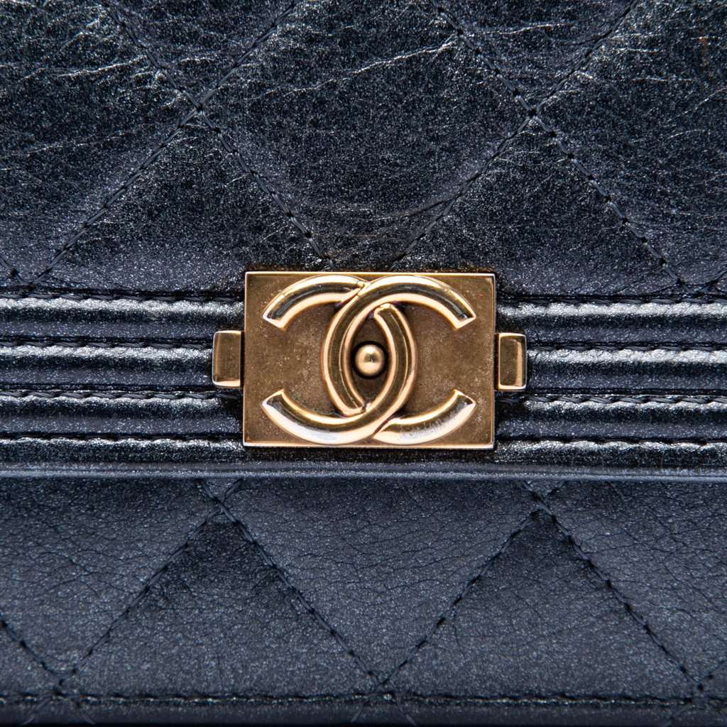 Chanel Quilted Metallic Calfskin Boy Wallet on Chain Black Leather Very good condition - Box View