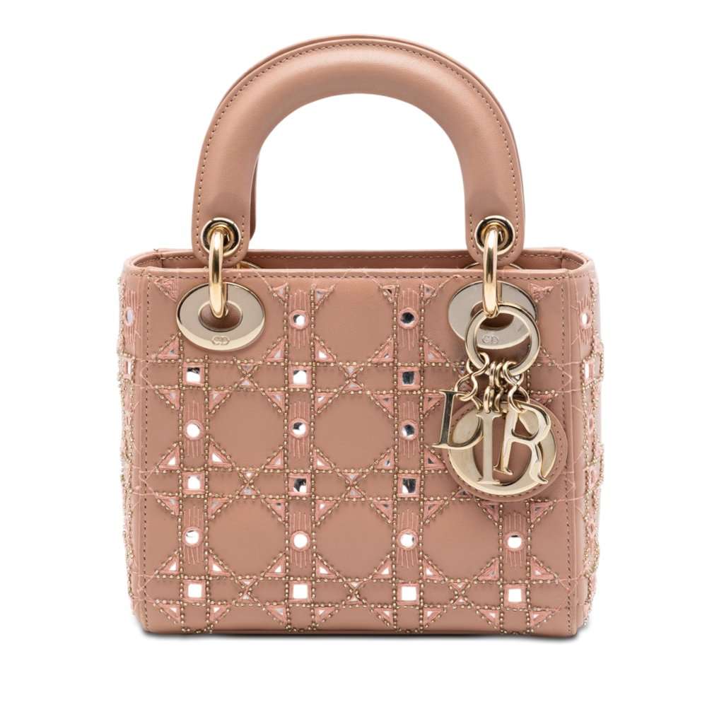 Dior Mini Calfskin Cannage Bead and Strass Embellished Lady Dior Brown Leather Very good condition - Front View