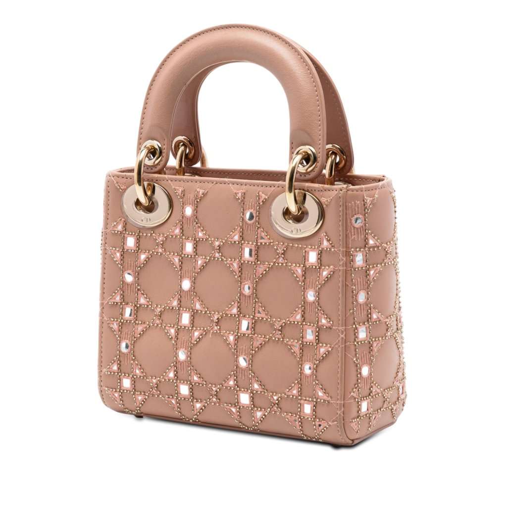 Dior Mini Calfskin Cannage Bead and Strass Embellished Lady Dior Brown Leather Very good condition - Back View