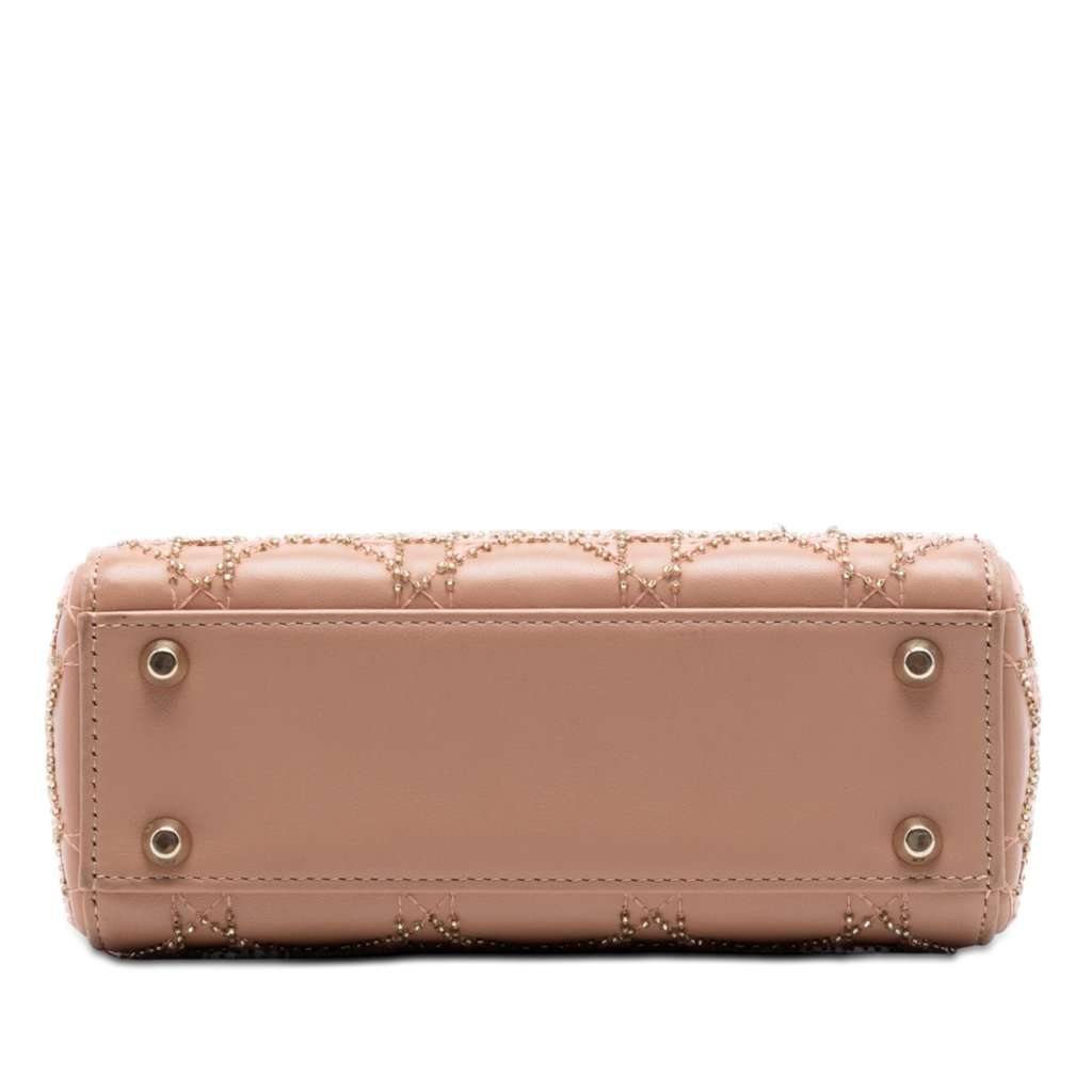 Dior Mini Calfskin Cannage Bead and Strass Embellished Lady Dior Brown Leather Very good condition - Inside View
