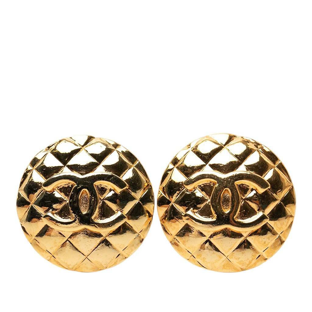 Chanel CC Gold Plated Quilted Round Clip On Earrings Gold Metal Very good condition - Front View