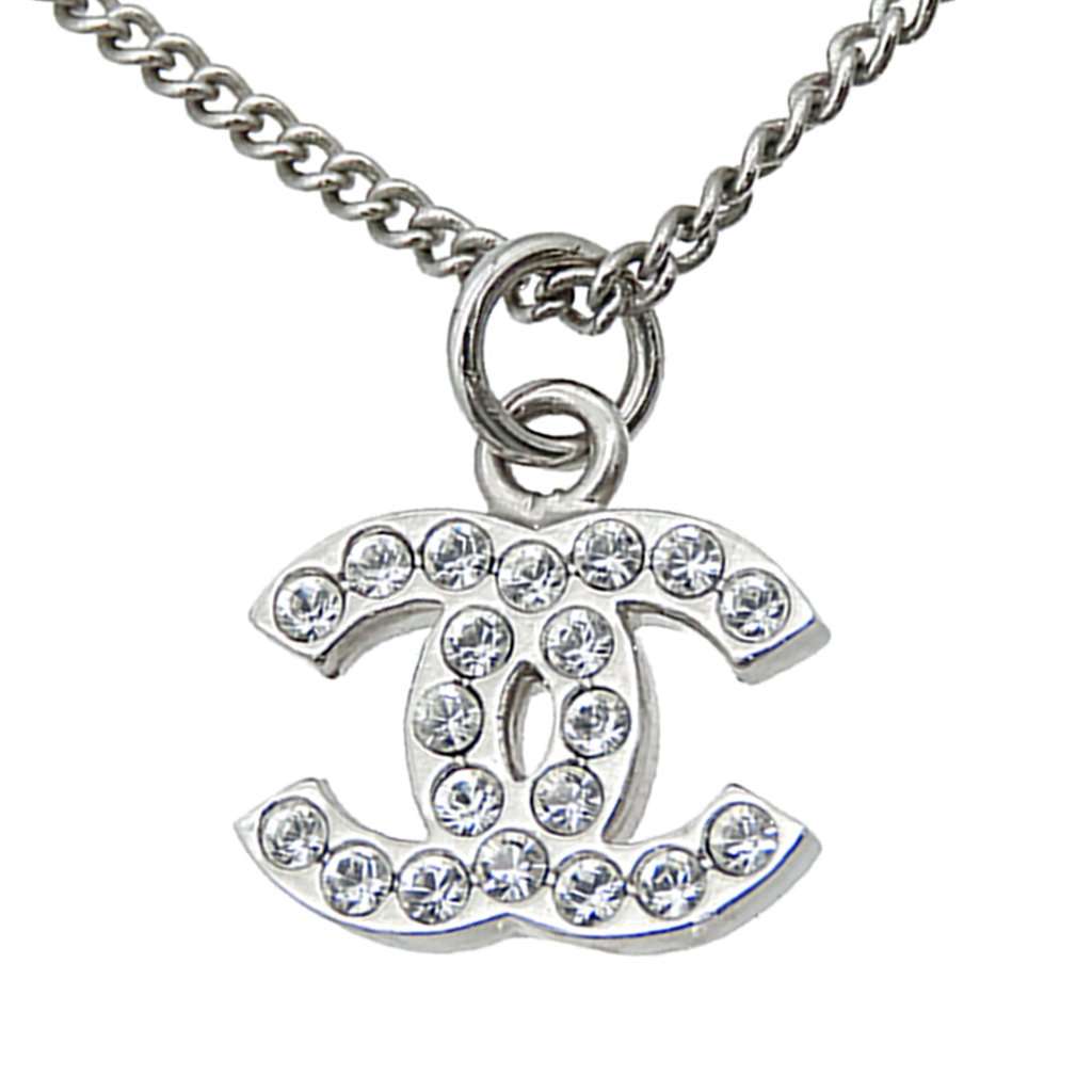 Chanel CC Brass and Strass Pendant Necklace Silver Metal Very good condition - Back View