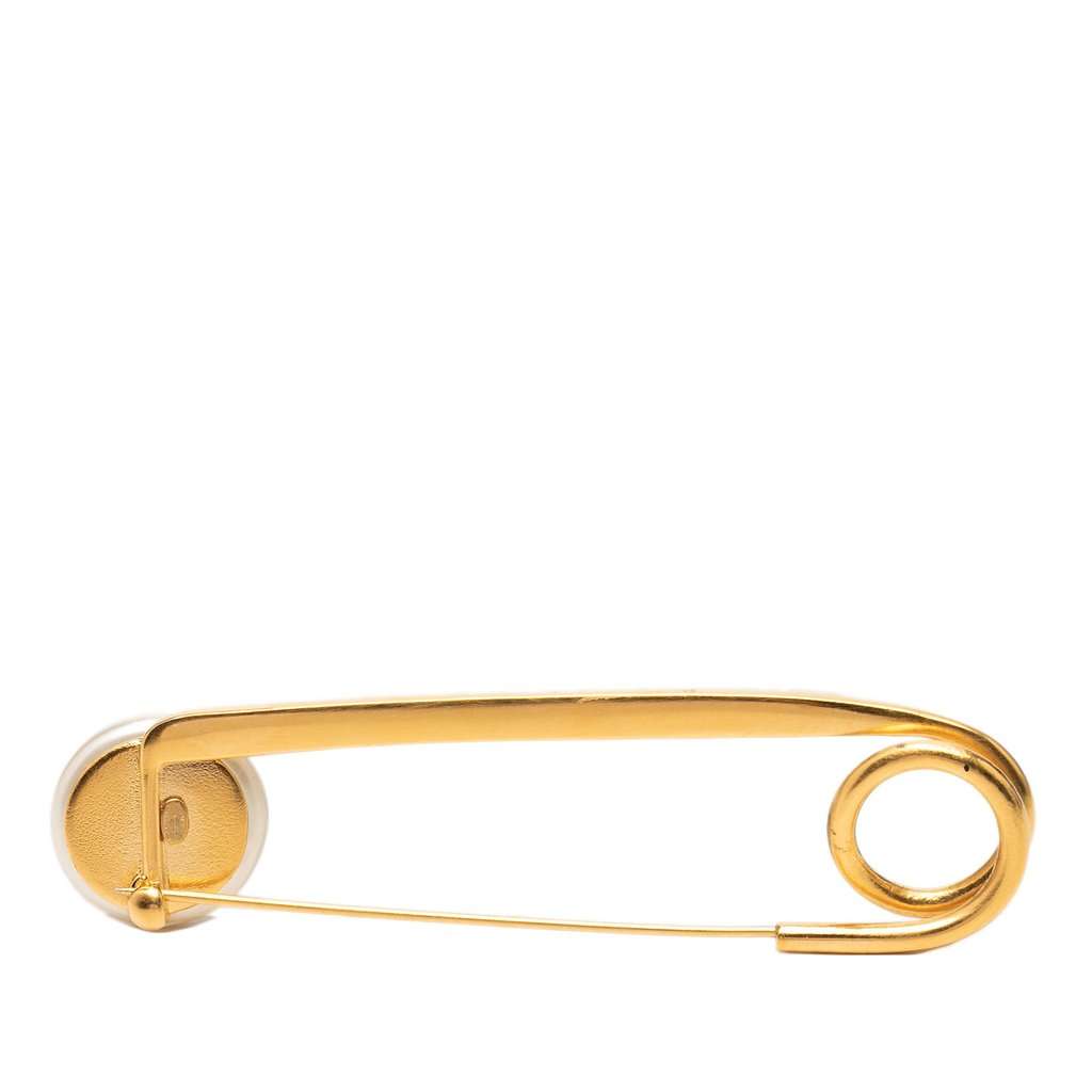 Chanel CC Gold Plated Faux Pearl Safety Pin Brooch Gold Metal Very good condition - Back View