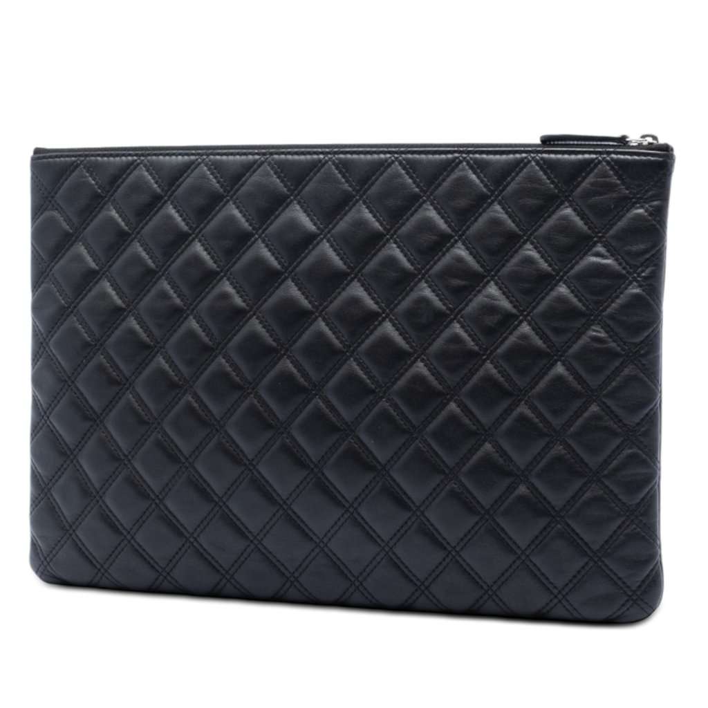 Chanel Large Quilted Lambskin Double Stitch O Case Clutch Black Leather Very good condition - Back View