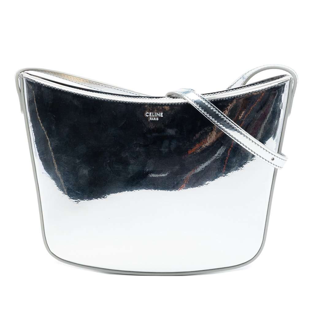 Celine Medium Mirror Calfskin Croque Shoulder Bag Silver Leather Very good condition - Front View
