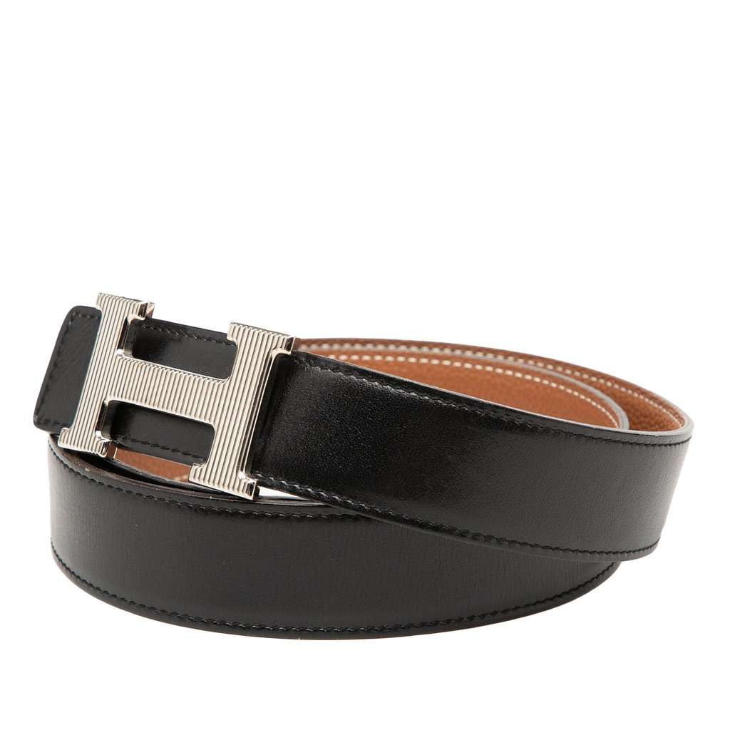 Hermès Togo and Box Calf H Strie Reversible Belt Black Leather Very good condition - Back View