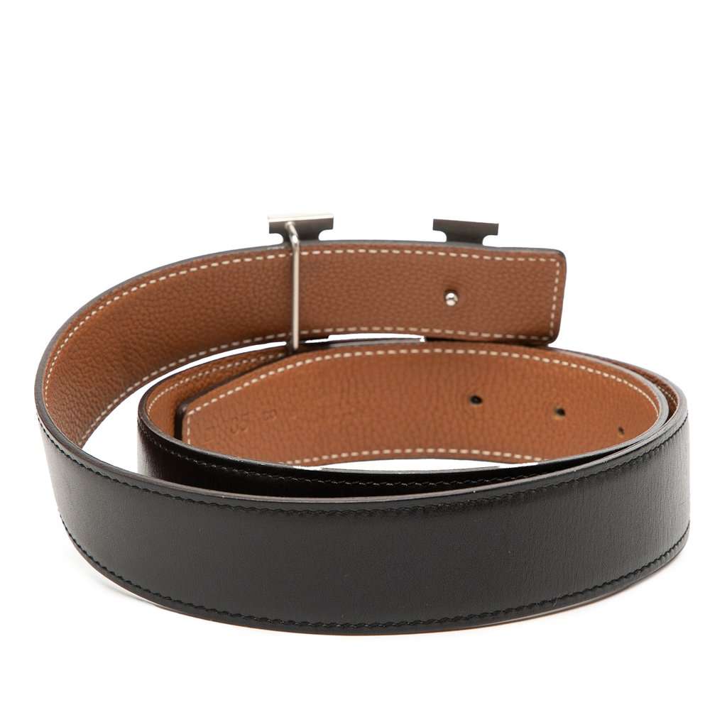 Hermès Togo and Box Calf H Strie Reversible Belt Black Leather Very good condition - Inside View