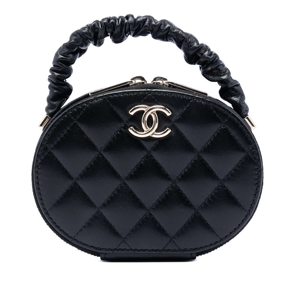 Chanel CC Quilted Lambskin Oval Top Handle Clutch Black Leather Very good condition - Front View
