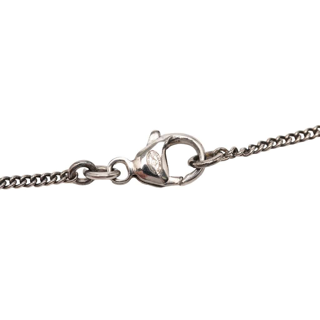 Chanel Brass Faux Pearl and Strass Twisted CC Pendant Necklace Silver Metal Very good - Inside View