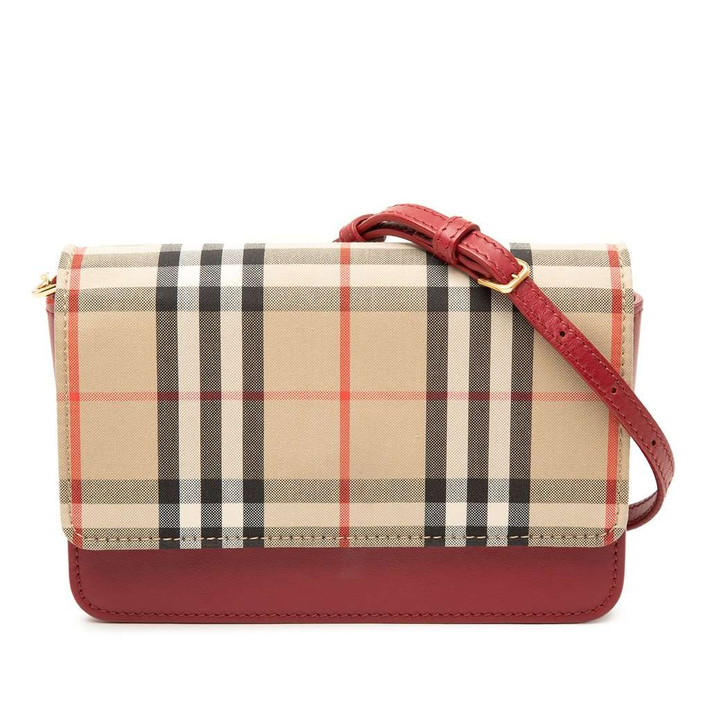 Burberry House Check Trimmed Leather Flap Crossbody Red Leather Very good condition - Front View