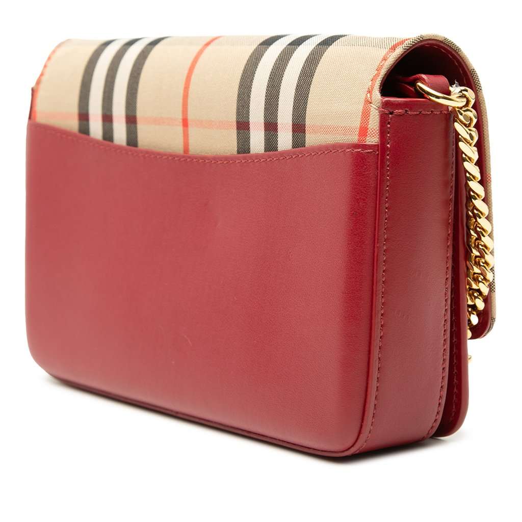 Burberry House Check Trimmed Leather Flap Crossbody Red Leather Very good condition - Back View