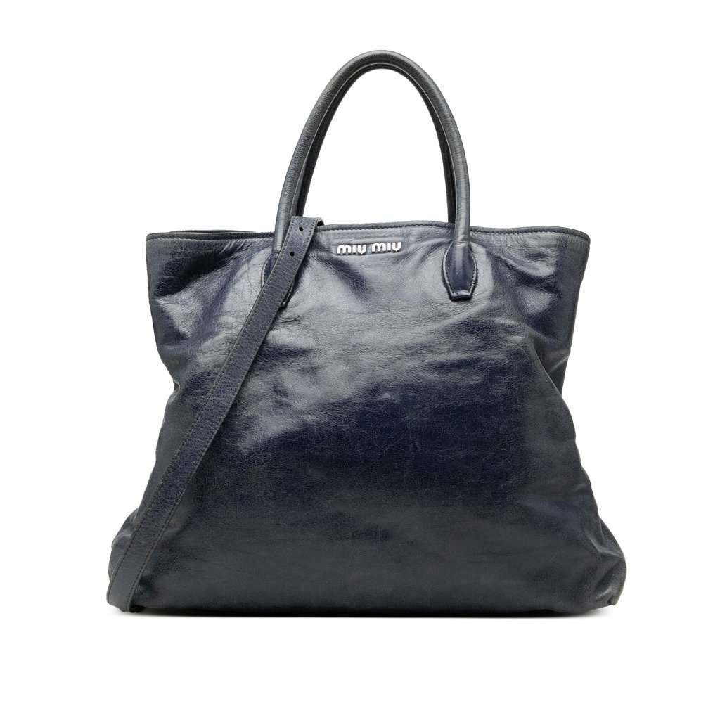 Miu Miu Crinkled Calfskin Convertible Tote Blue Leather Good condition - Front View