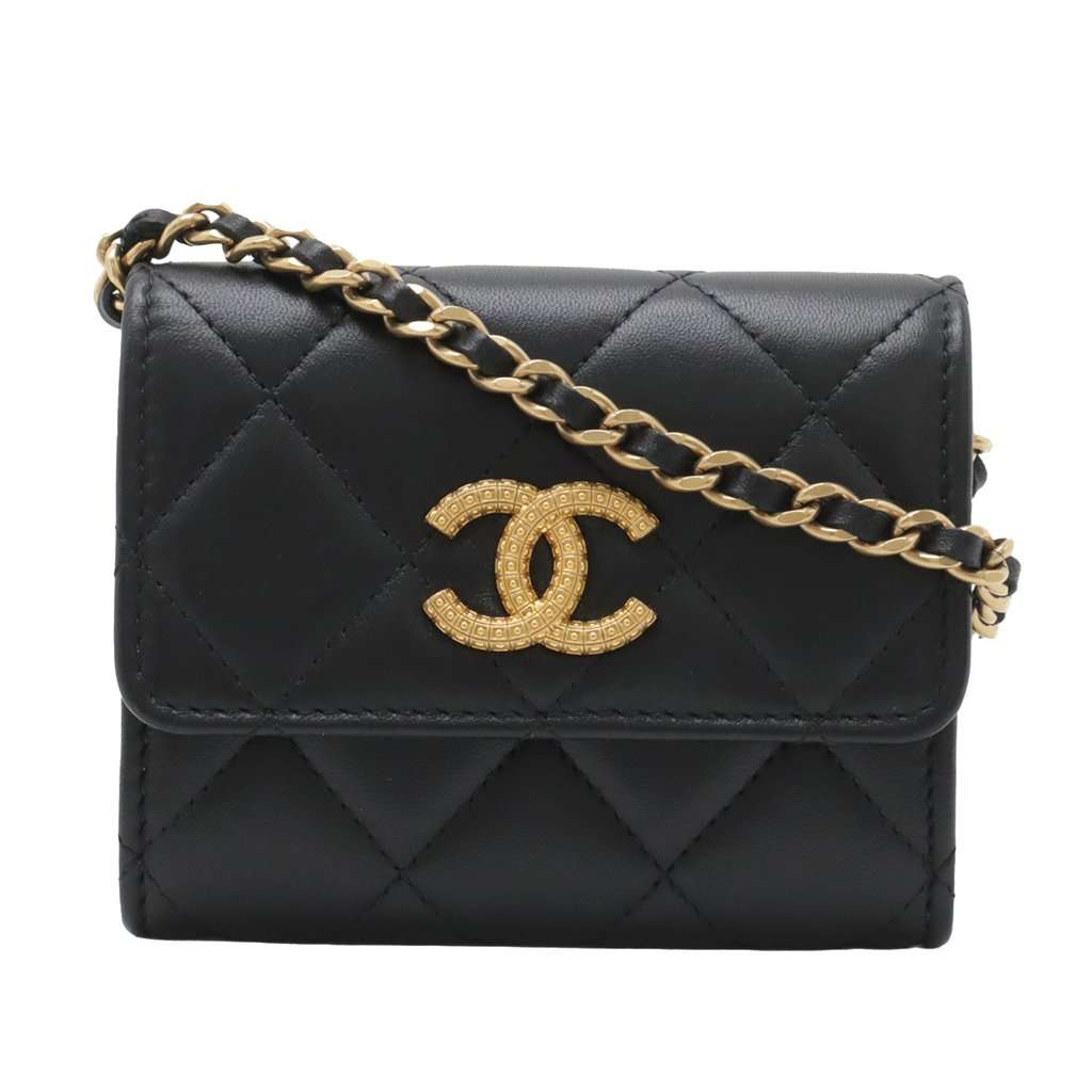 Chanel CC Quilted Lambskin Coin Purse With Chain Black Leather Very good - Front View