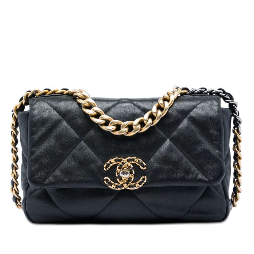 Chanel Medium Lambskin 19 Flap Black Leather Very good - Front View