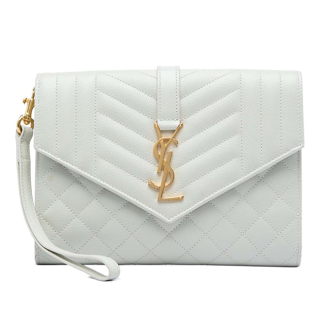 Saint Laurent Grain De Poudre Triquilt Monogram Envelope Clutch White Leather Very good - Front View