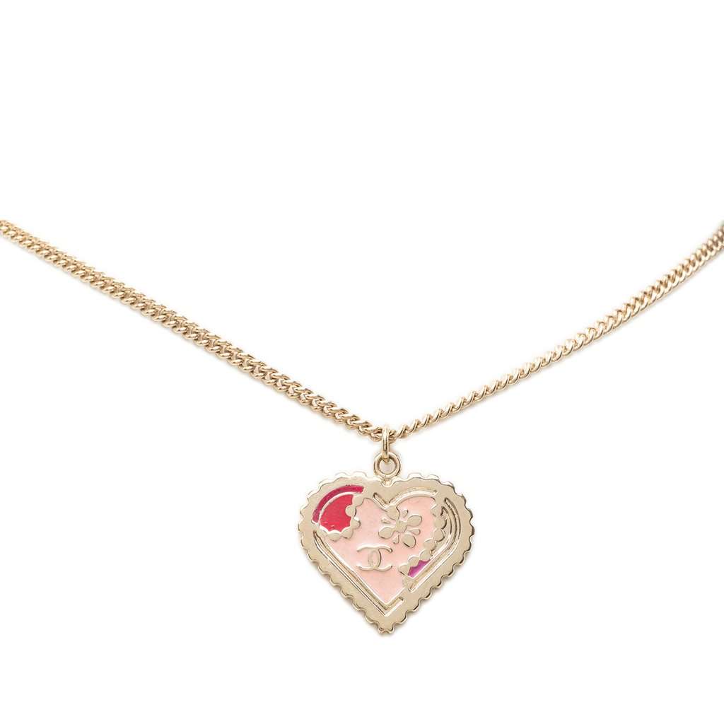 Chanel CC Gold Plated Enamel Heart Pendant Necklace Gold Metal Very good condition - Back View