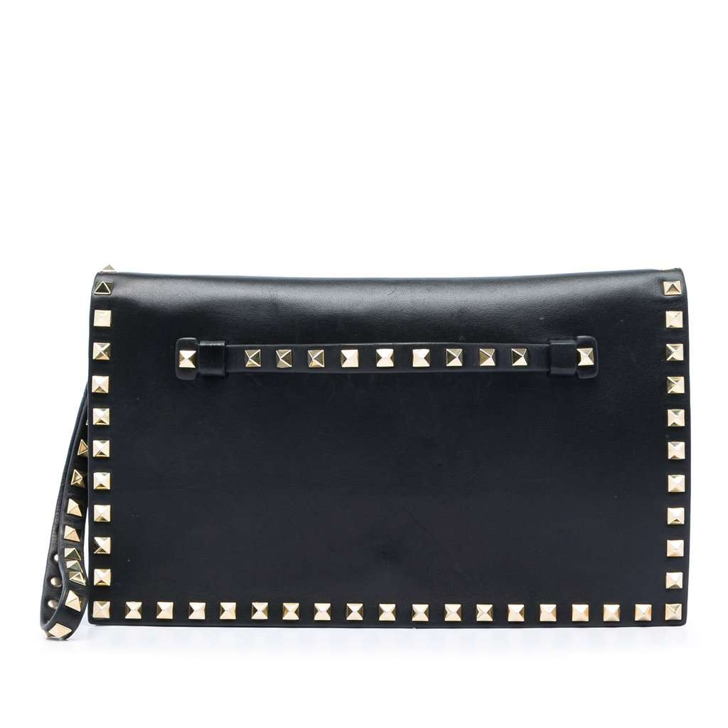 Valentino Leather Rockstud Flap Clutch Black Leather Very good - Front View