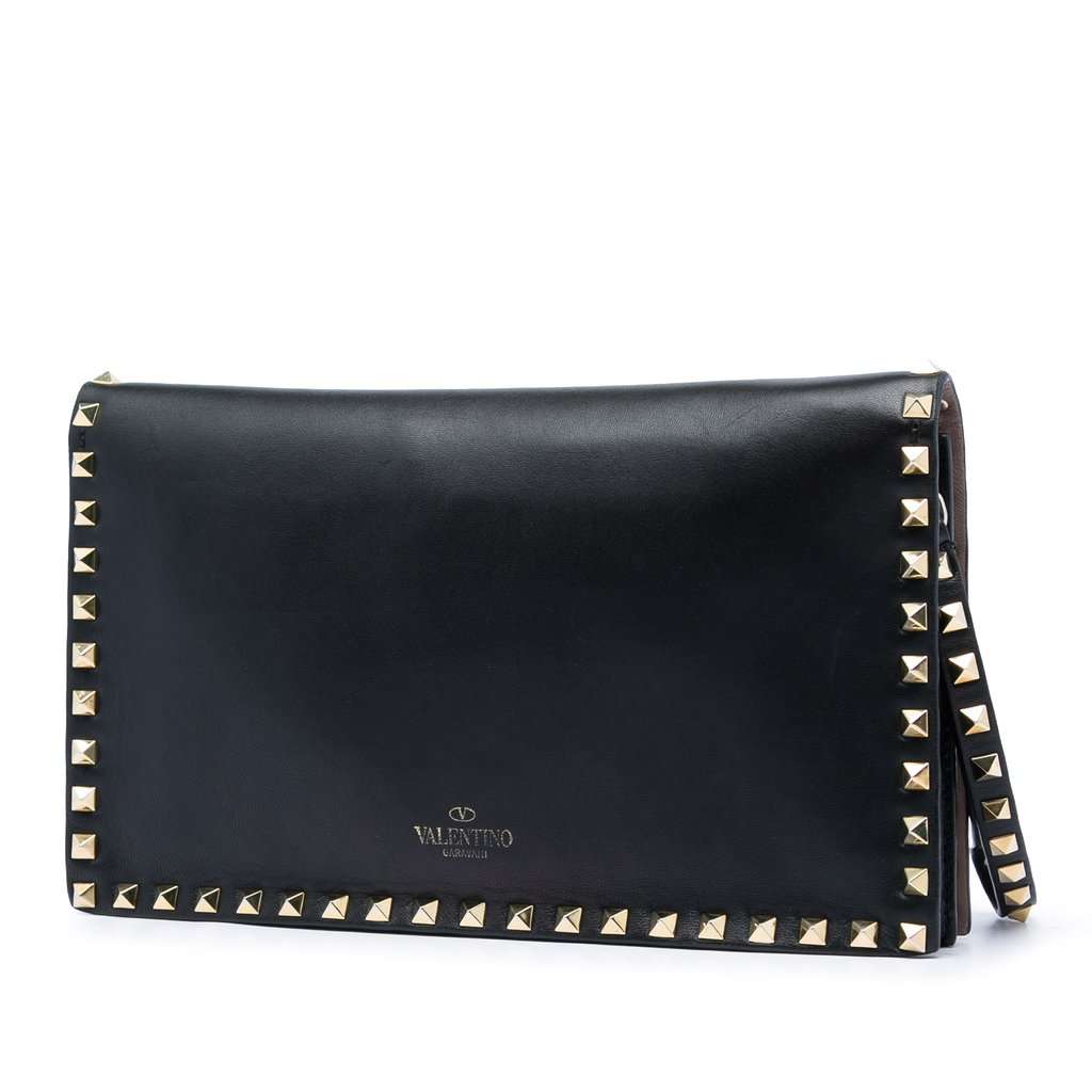 Valentino Leather Rockstud Flap Clutch Black Leather Very good - Back View
