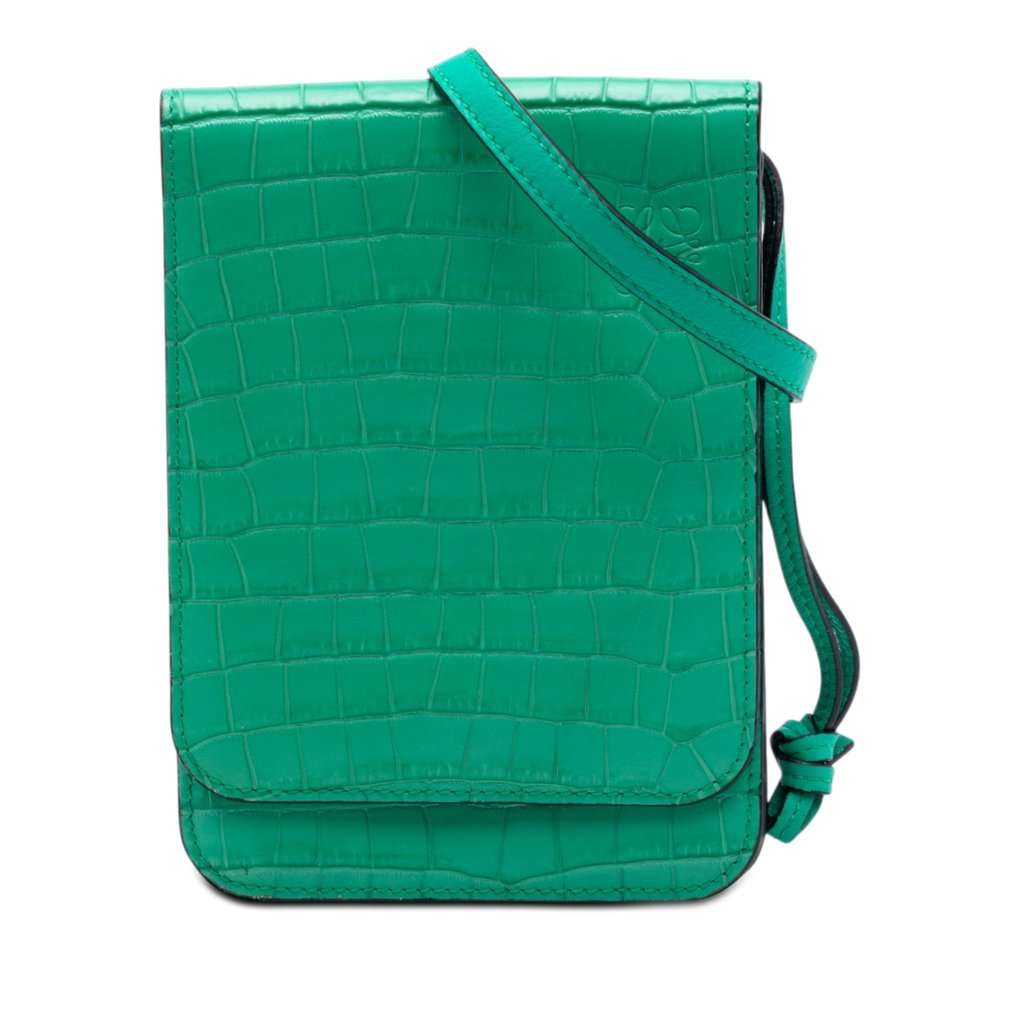 Loewe Croc Embossed Leather Anagram Gusset Flat Crossbody Green Leather Very good condition - Front View