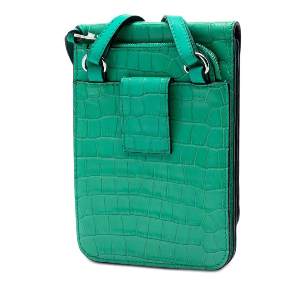 Loewe Croc Embossed Leather Anagram Gusset Flat Crossbody Green Leather Very good condition - Back View