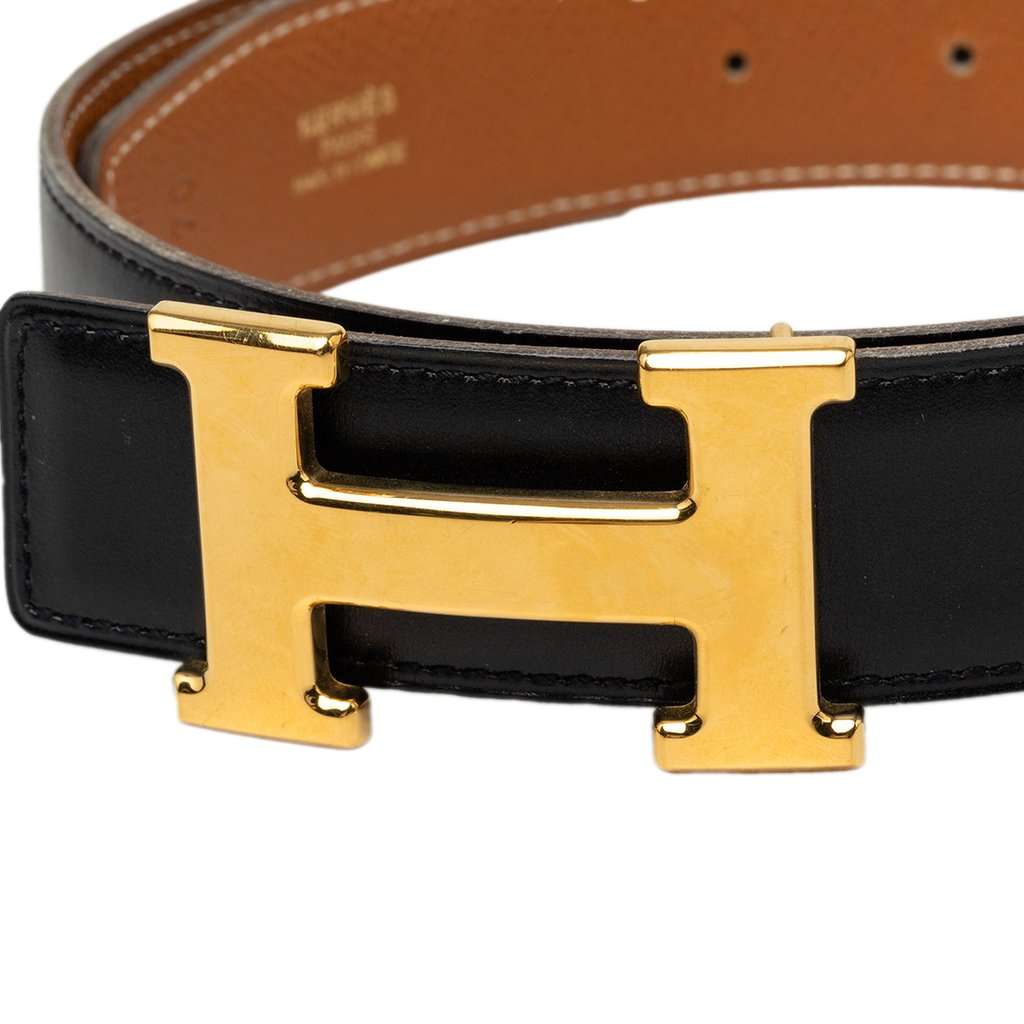 Hermès Box Calf and Courchevel Constance H Reversible Belt Black Leather Very good - Model View