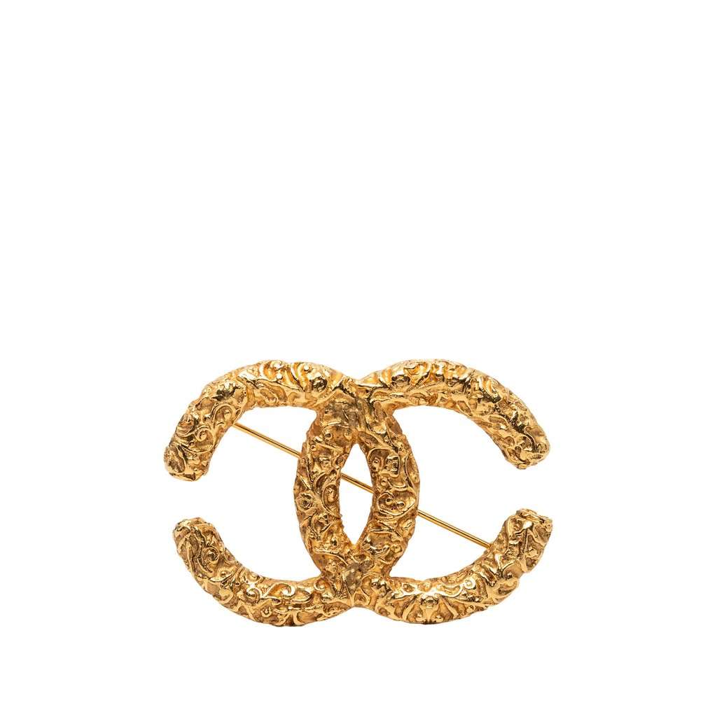 Chanel CC Gold Plated Baroque Embossed Brooch Gold Metal Very good - Front View