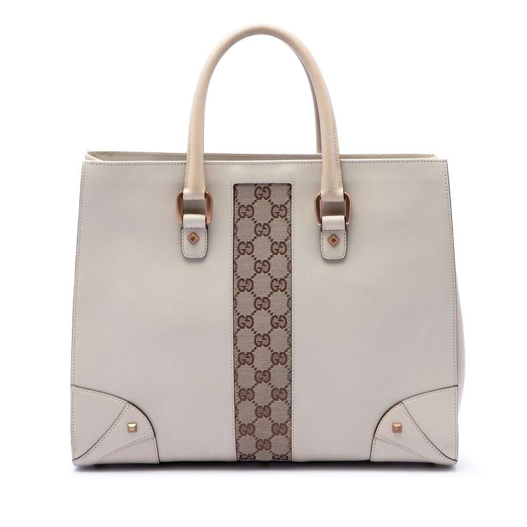 Gucci Calfskin and GG Canvas Nailhead Tote White Leather Very good condition - Front View