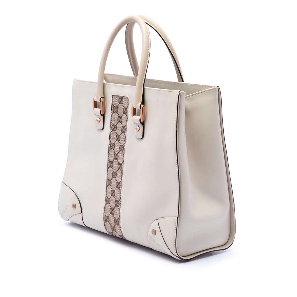 Gucci Calfskin and GG Canvas Nailhead Tote White Leather Very good condition - Back View