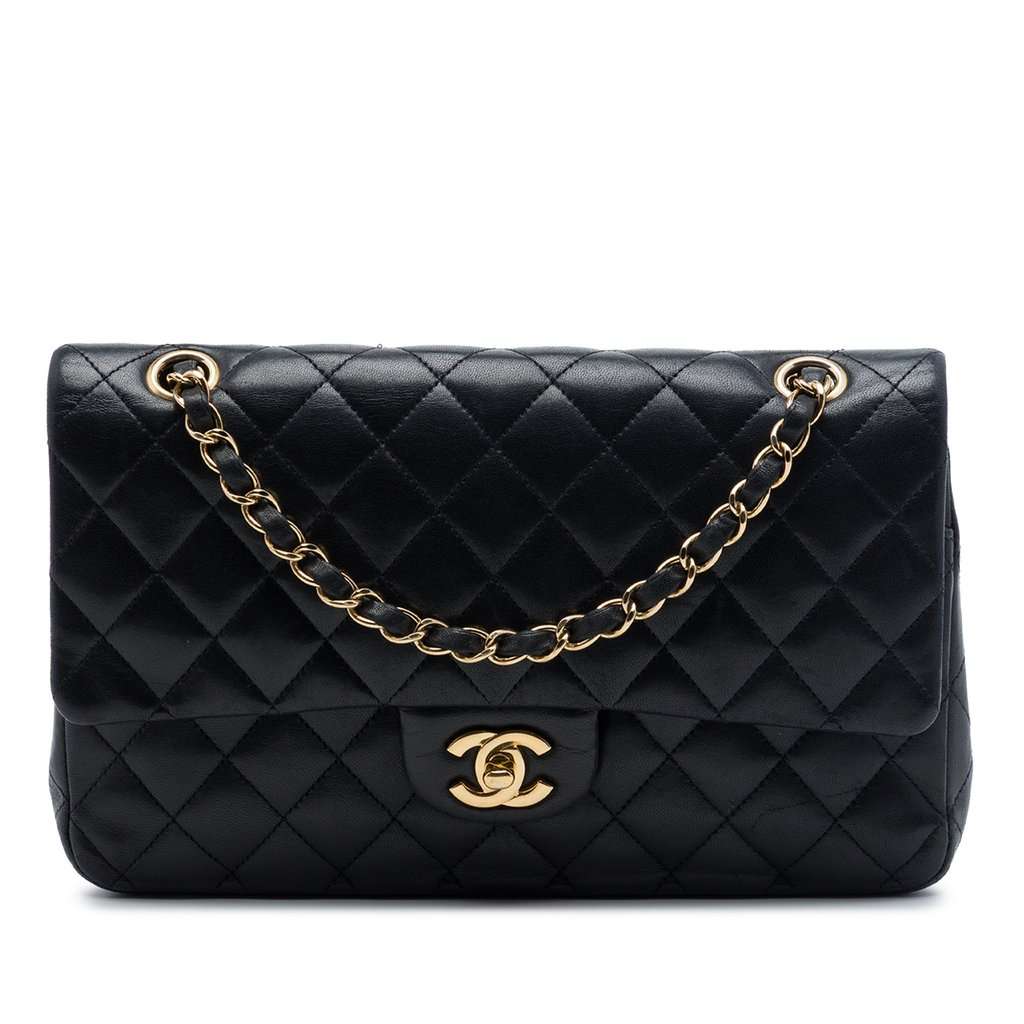 Chanel Medium Classic Lambskin Double Flap Black Leather Very good - Front View