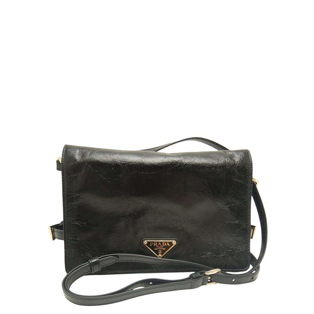 Prada Crinkled Calfskin Crossbody Black Leather Very good condition - Front View