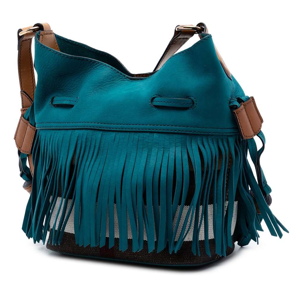 Burberry Small Mega Check Canvas and Suede Fringe Belgrove Bucket Bag Blue Leather Very good condition - Back View