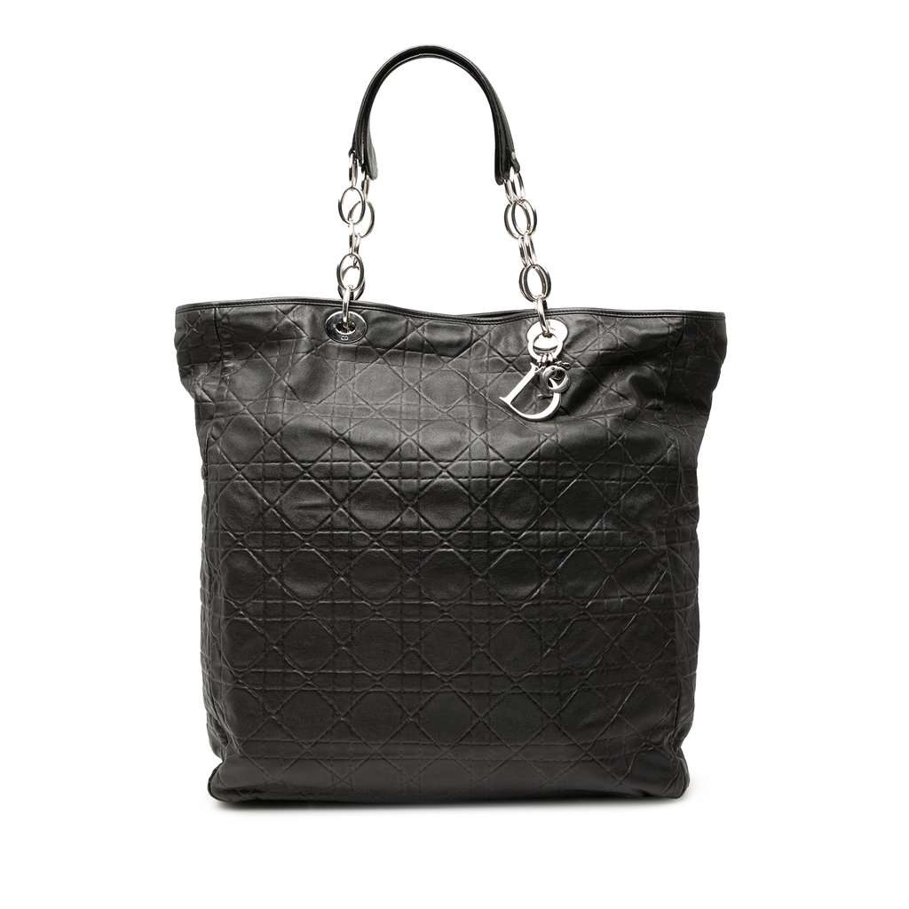 Dior Large Lambskin Cannage Lady Dior Soft Shopping Tote Black Leather Very good condition - Front View