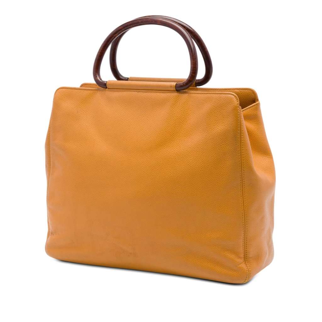 Chanel CC Caviar Wood Top Handle Tote Yellow Leather Very good condition - Back View
