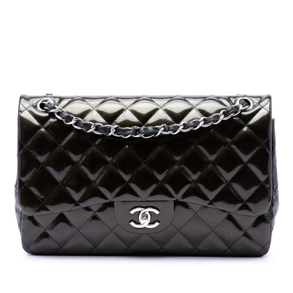 Chanel Jumbo Classic Striated Patent Double Flap Green Leather Very good condition - Front View