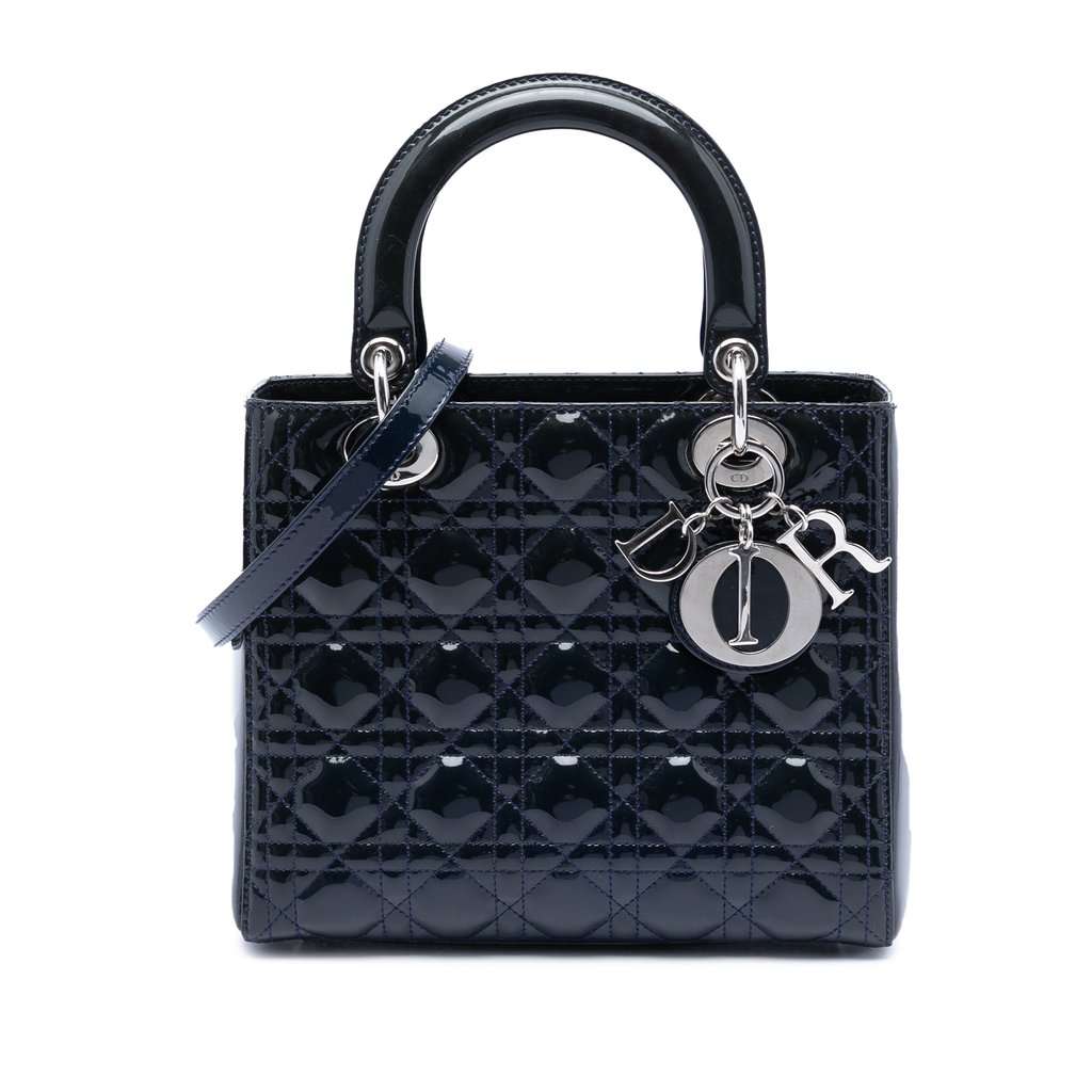 Dior Medium Patent Cannage Lady Dior Blue Leather Very good condition - Front View