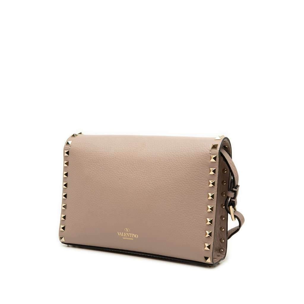Valentino Small Pebbled Calfskin Rockstud Flap Crossbody Beige Leather Very good - Back View