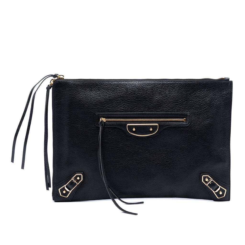 Balenciaga Goatskin Motocross Classic Metallic Edge Clutch Black Leather Very good condition - Front View