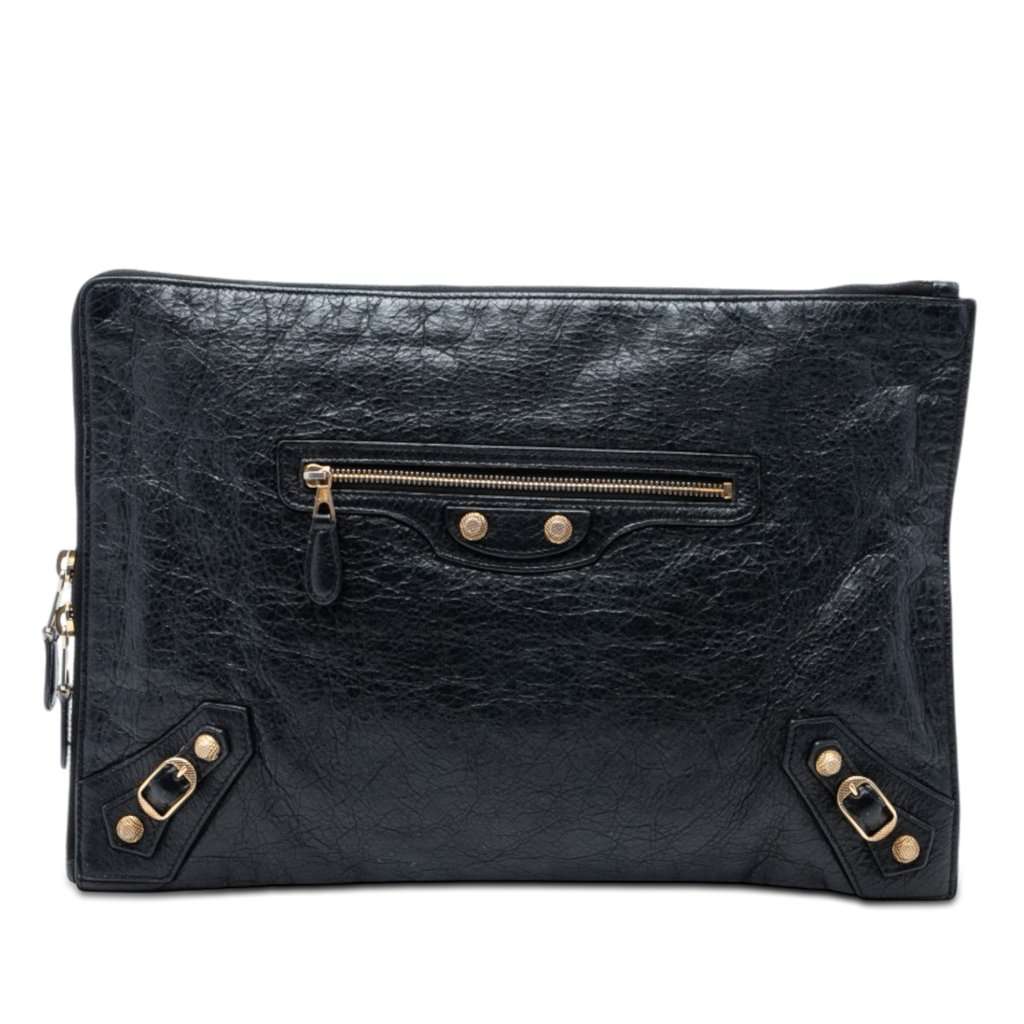 Balenciaga Lambskin Motocross Giant 12 Zip Around Flat Clutch Black Leather Very good condition - Front View