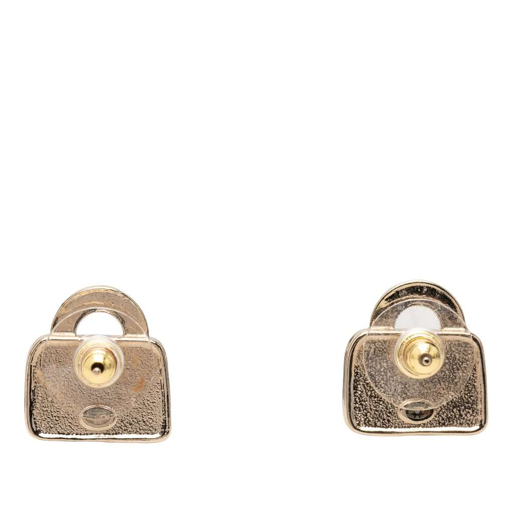 Chanel CC Brass Resin Strass Top Handle Bag Push Back Earrings Gold Metal Very good - Back View