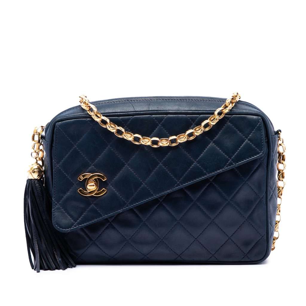 Chanel CC Quilted Lambskin Tassel Camera Bag Blue Leather Very good condition - Front View