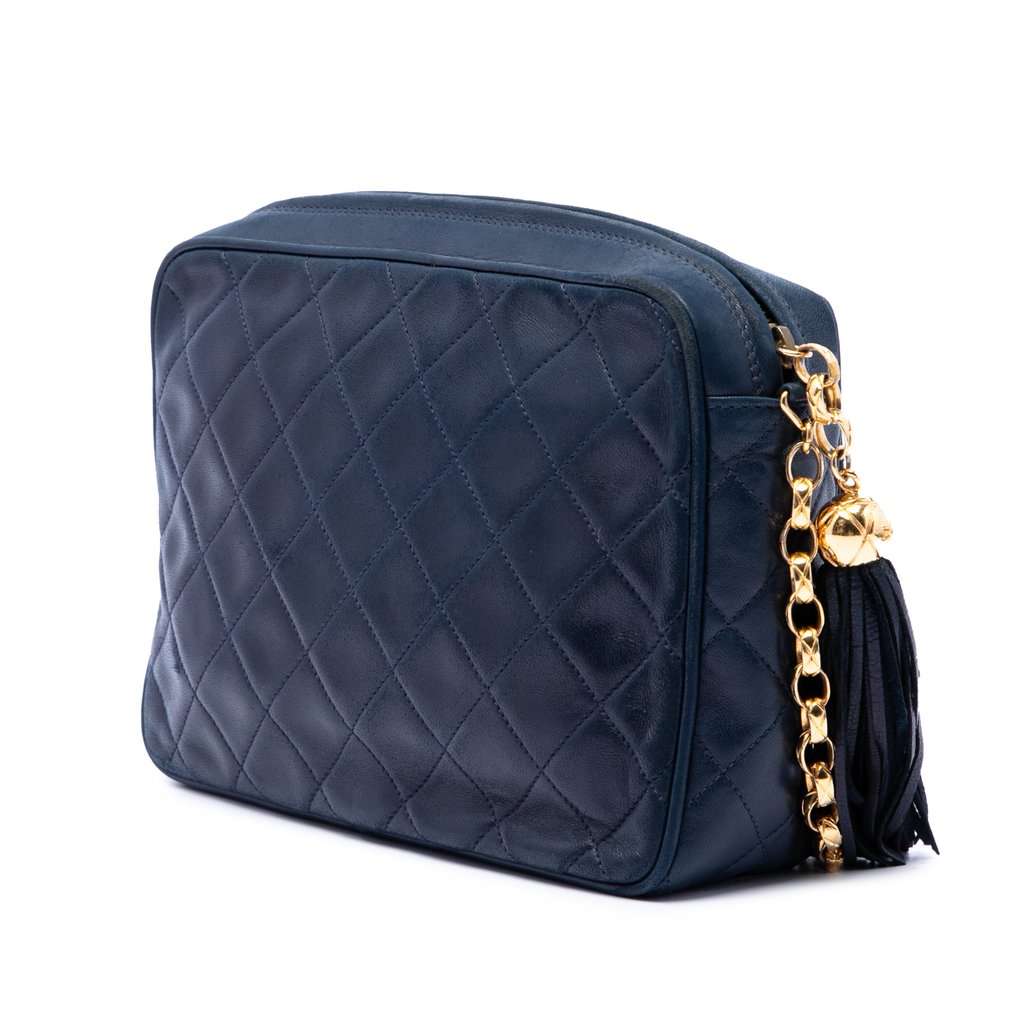 Chanel CC Quilted Lambskin Tassel Camera Bag Blue Leather Very good condition - Back View