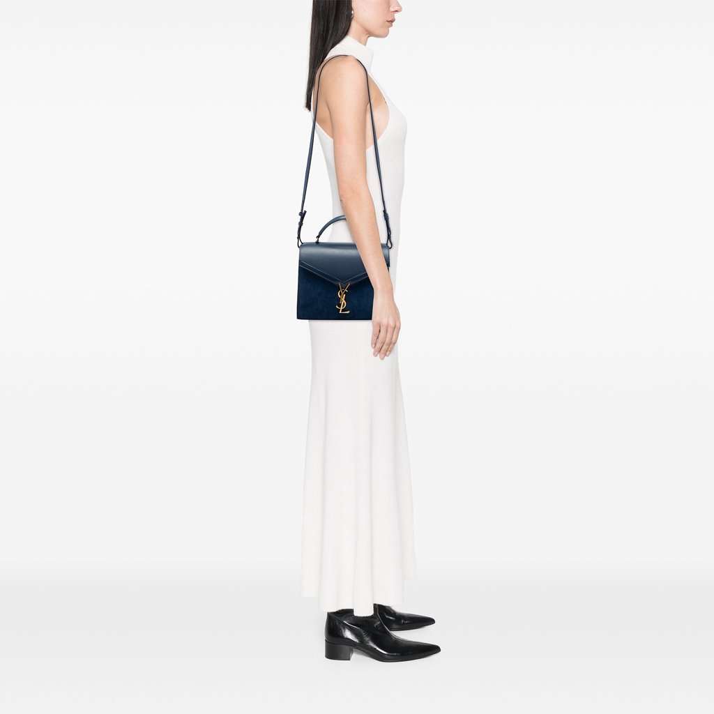 Saint Laurent Medium Calfskin and Suede Classic Monogram Cassandra Top Handle Bag Blue Leather Very good - Box View