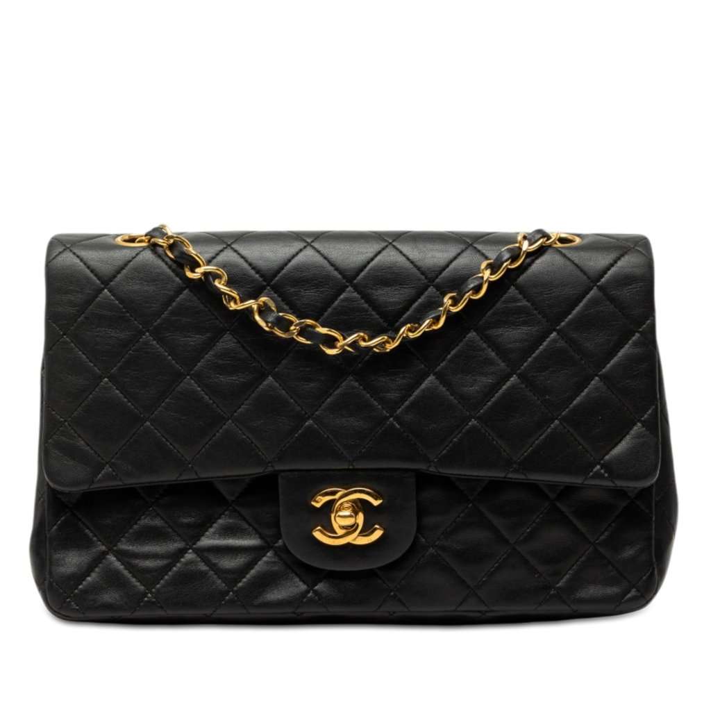 Chanel Medium Classic Lambskin Double Flap Black Leather Very good - Front View