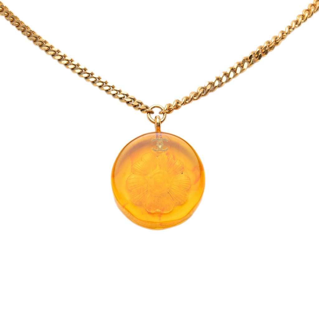 Chanel CC Gold Plated Resin Camellia Round Pendant Necklace Gold Metal Very good condition - Inside View
