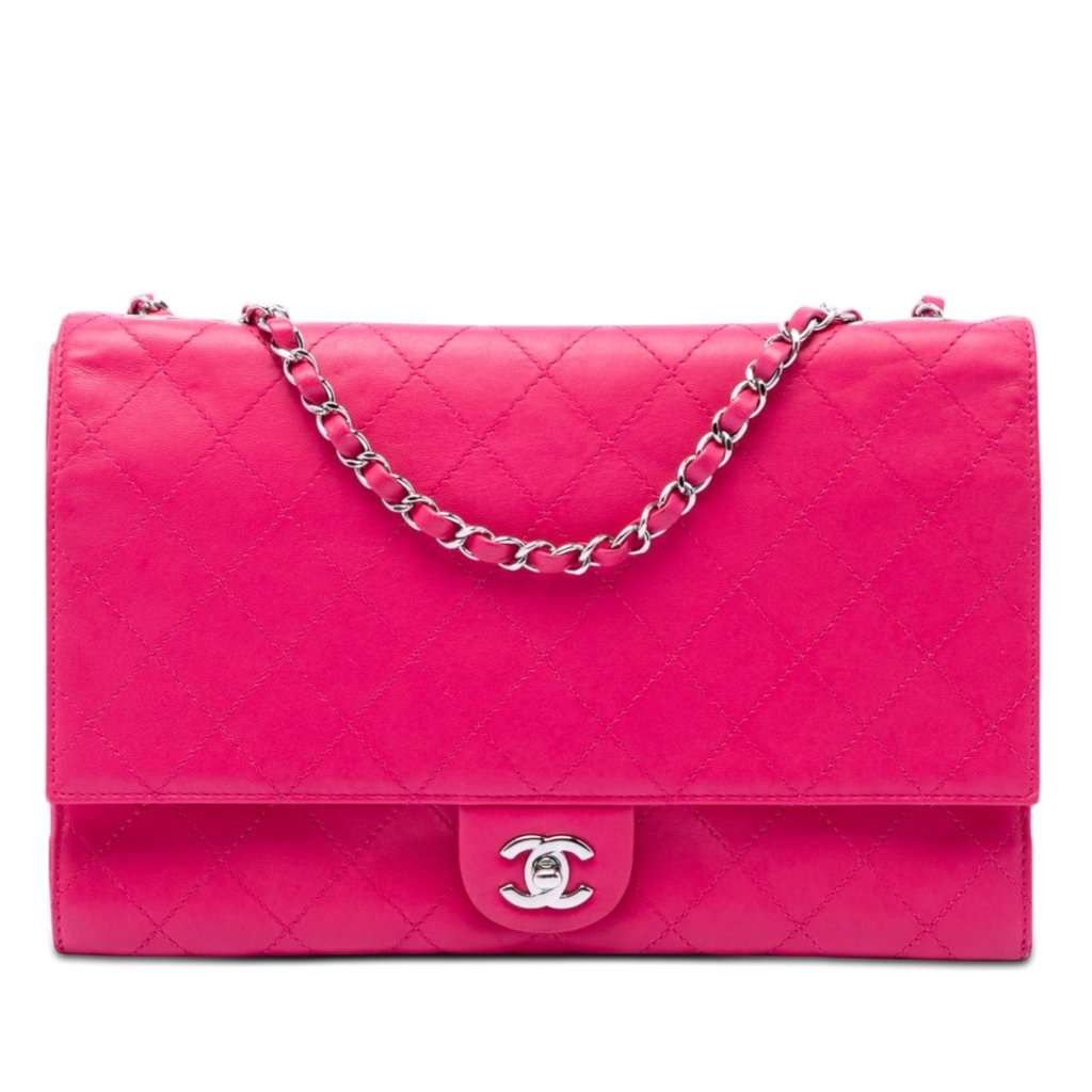 Chanel Jumbo Quilted Lambskin 3 Accordion Double Flap Pink Leather Very good condition - Front View